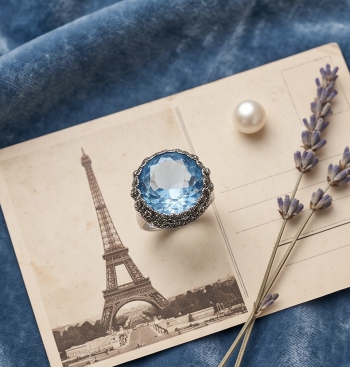 Massive Deep Blue 22.8 carat Aquamarine Marcasite .925 Sterling Silver handcrafted ring size 8 - Aquamarine ring close-up on postcard with Eiffel Tower and lavender sprigs.