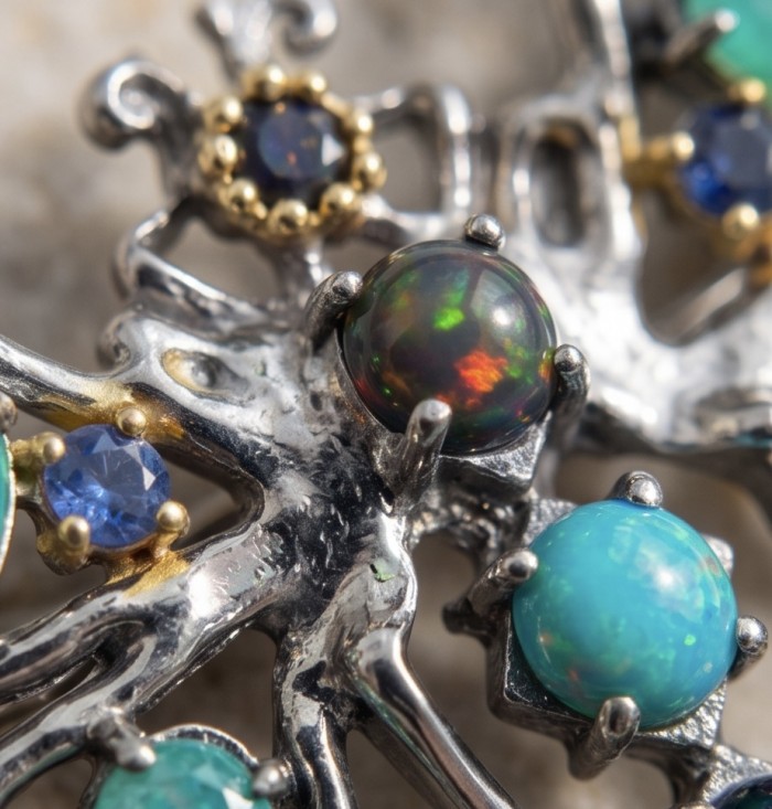 Incredible Butterfly Natural Black Opal Colombian Emerald 2 tones .925 Sterling Silver dippedin black rhodium handcrafted Brooch - Stone close-up of opal and emerald set in intricate silver jewelry.