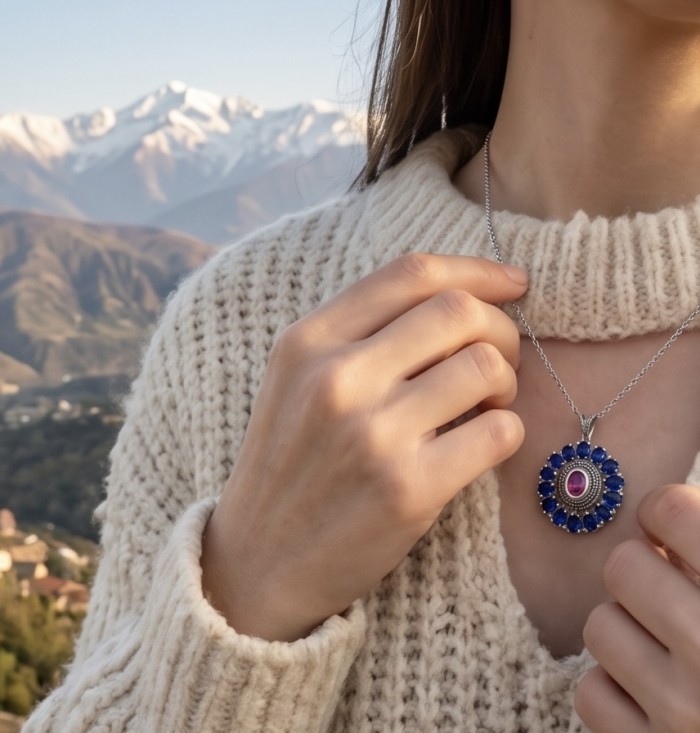 Giovanna 22.2 carat authentic Mozambique Ruby .925 Sterling Silver handmade Pendant - Close-up: necklace with Mozambique Ruby pendant against knit sweater.