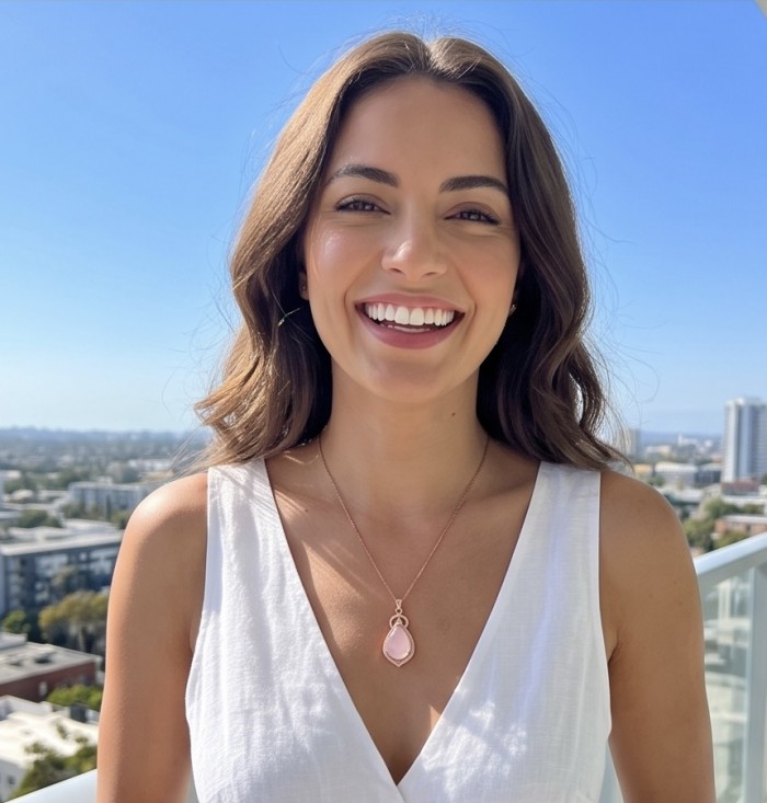Scarlett 8.5 carat Brazilian Rose Quartz 22K Gold over .925 Sterling Silver handcrafted Statemen pendant - Woman wearing Scarlett 8.5ct Rose Quartz necklace, outdoor backdrop.