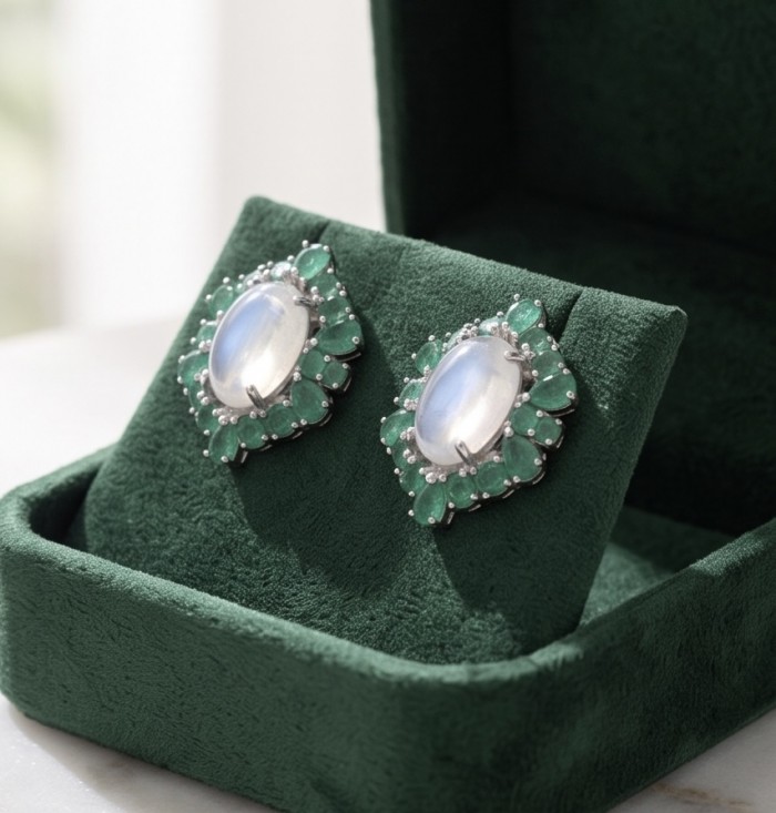 Rosemary - Top quality 27.2 carat Brazilian Rose Quartz .925 Sterling Silver dipped in rhodium Handcrafted Statement earrings - Rosemary earrings in green box, front view showing rose quartz and emeralds.