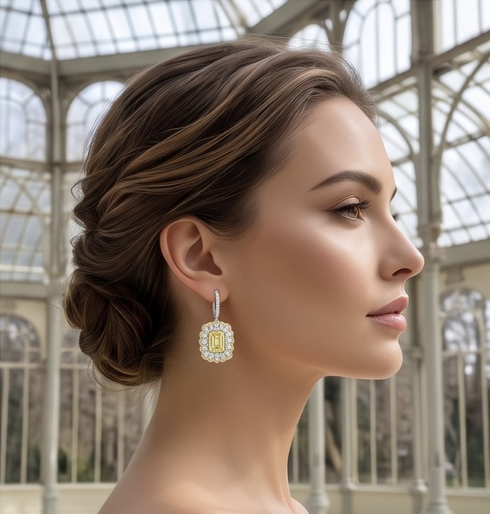 Esperanza - Luxurious 12.2 Lemon Quartz rhodium over .925 Sterling Silver handmade Earrings - Side view of Luxurious 12.2 Lemon Quartz earrings worn on ear.