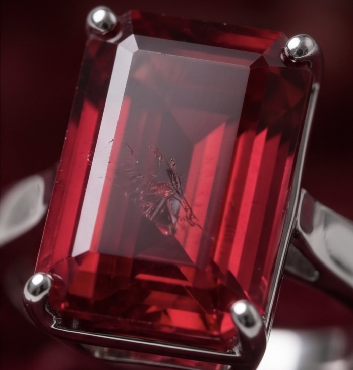Bella Rosa Genuine 10.5 CARAT baquette cut Ruby rhodium over .925 Sterling Silver Statement Ring size 6 - Close-up of a Bella Rosa 10.5 carat baguette cut rhodium ruby ring