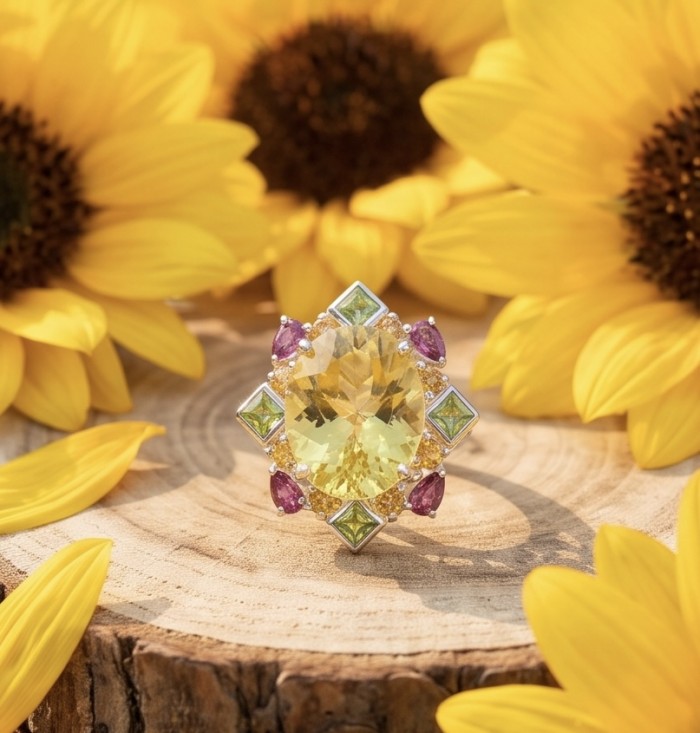 Costa del Sol 22.8 carat Genuine Lemon Quartz rhodium over .925 Sterling Silver handcrafted ring size 8 - Close-up of Costa del Sol 22.8 carat Lemon Quartz ring with sunflowers