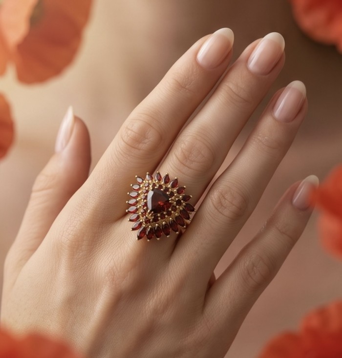 Giovanna trillion cut 22.5 carat Garnet from Sri Lanka (Ceylon) 22K Gold over .925 Sterling Silver handcrafted Statement ring size 6 - Garnet ring with trillion cut worn on hand, close-up view.