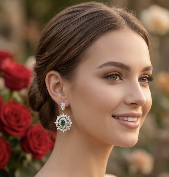 Ofelia - Authentic 5.5 CARAT natural Colombian Emerald .925 Sterling Silver handcrafted earrings - Side view of woman wearing Ofelia emerald earring with floral design
