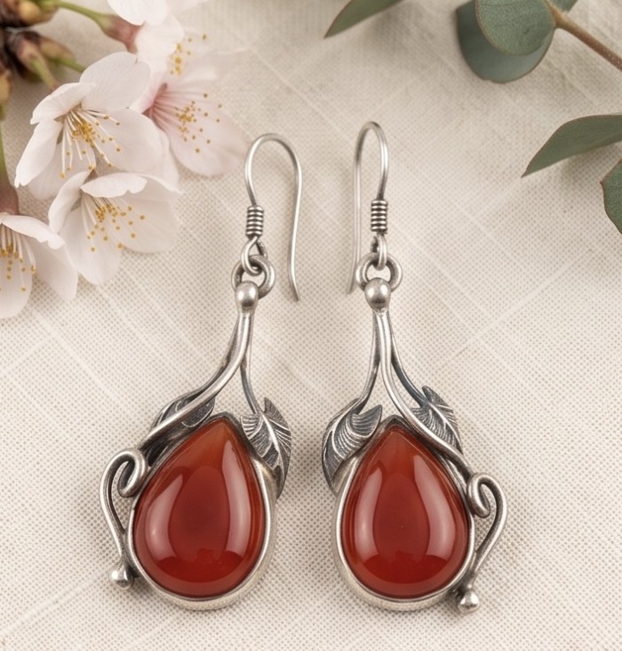 Sublime Orange Carnelian .925 Sterling Silver handmade earrings - Front view of orange carnelian sterling silver handmade earrings.