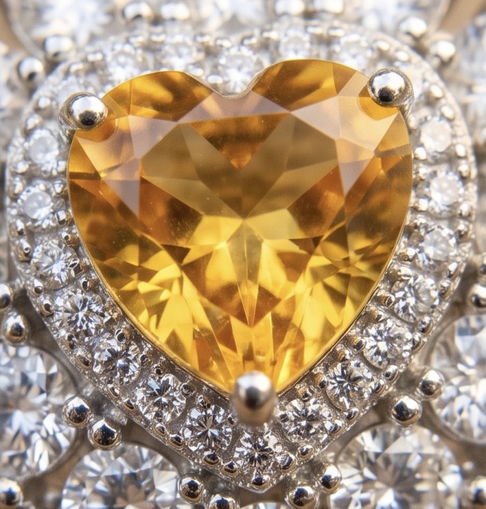 Heart 4.8 carat Genuine Yellow Sapphire .925 Sterling Silver handcrafted ring size 5 - Close-up of heart-shaped yellow sapphire with diamond accents