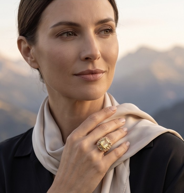 Victoria Authentic 8.5 carat Brazilian Citrine .925 Sterling Silver brilliantly dipped in 18k Gold handcrafted Statement ring; s. 8 - Woman wearing Victoria Authentic 8.5 carat Citrine ring, hand close-up.