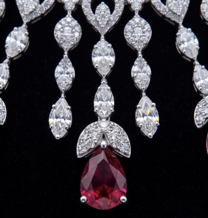 Luxurious 41.9 carat natural Mozambique Ruby rhodium over .925 Sterling Silver .925 Sterling Silver Statement Necklace - Close-up of luxurious natural Mozambique ruby and diamond jewelry