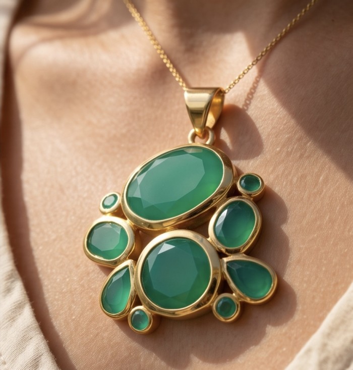 Green Royalty - 25.8 carat Colombian Emerald .925 Sterling Silver dipped in 22K Gold handmade Statement pendant - Emerald necklace close-up, worn on neck, gold setting, 25.8 carat stone