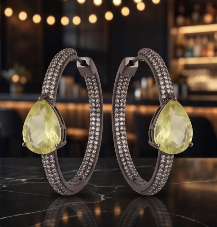 Allure Natural 19.2 carat Brazilian Citrine pave 4.2 carat White Topaz Black rhodium .925 Sterling Silver handcrafted hoop earrings - Elegant earrings front view with citrine and pave accents, 19.2 carats total.