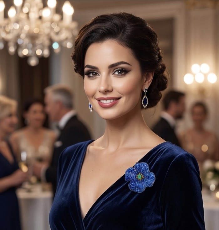 Black Label Collection - Retro Style - Rose Genuine 27.5 carat Sapphire .925 Sterling Silver dipped in rhodium handmade Pendant - Brooch - Woman wearing elegant earrings and brooch at a formal event.