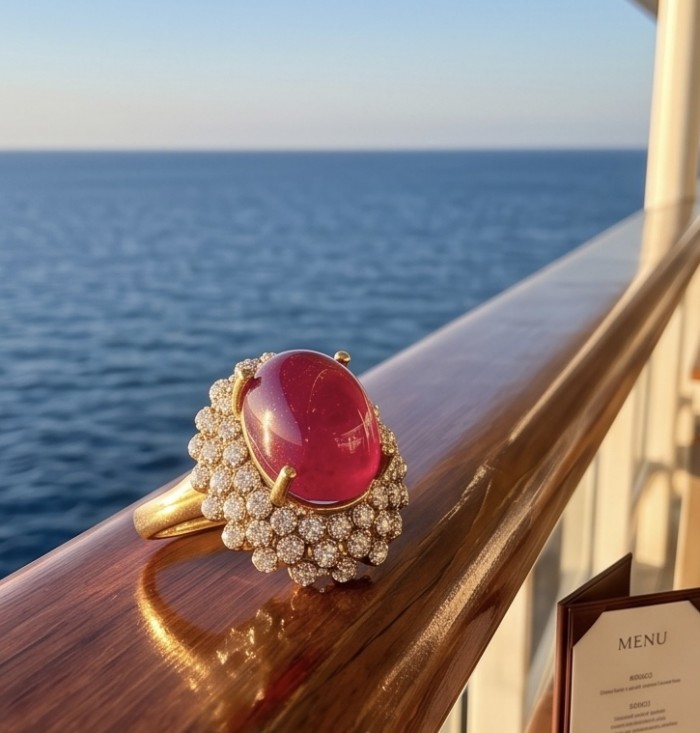 Scarlett 8.7 ctw Mozambique Ruby .925 Sterling Silver DIPPED IN 22k GOLD handcrafted Statement Ring size 8 - Close-up of Scarlett 8.7 ctw Mozambique Ruby ring by the ocean.