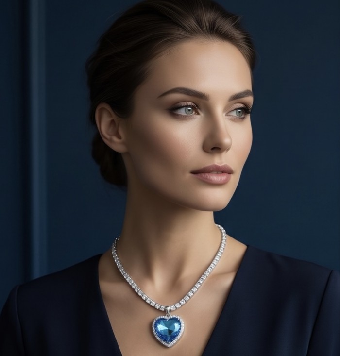 Titanic - Heart of The Ocean Necklace ~ 33.5 Ct Blue Sapphire Necklace In 925 Sterling Silver necklace - Woman wearing Titanic Heart of The Ocean Necklace, side view