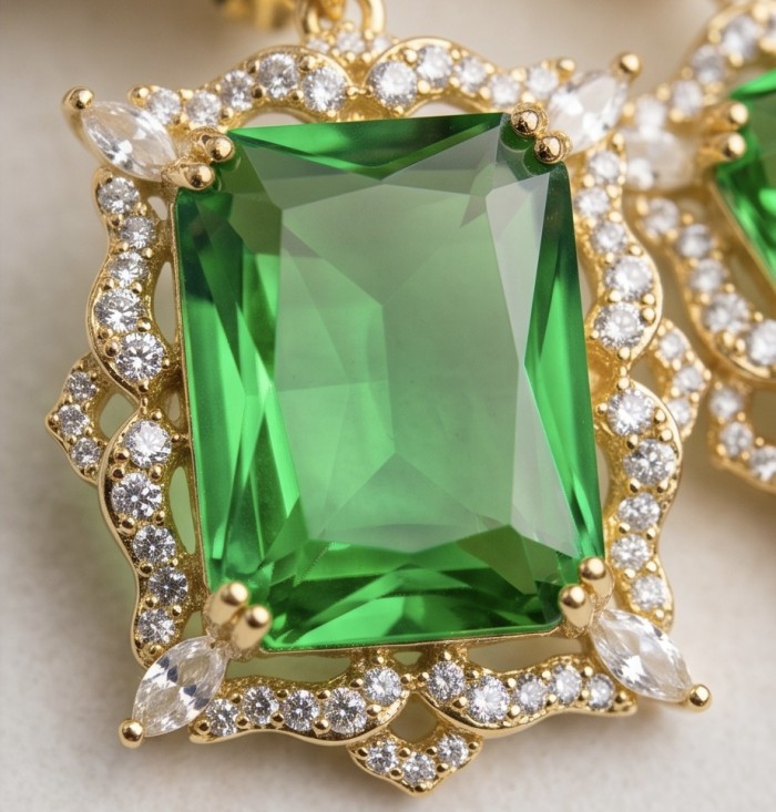 Green Cascade - 12.5 carat Green Topaz 14K Gold over .925 Sterling Silver handmade Statement earrings - Close-up of Green Cascade 12.5 ct Green Topaz in gold setting.