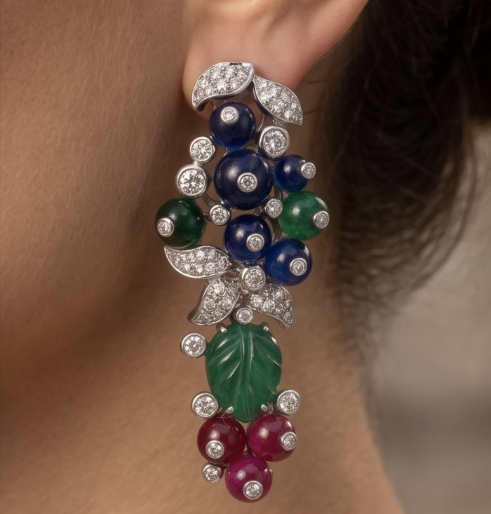 RARE BEAUTY! Valentina 16.2 carat CARVED Ruby Emerald Sapphire .925 Sterling Silver dipped in rhodium Statement handcrafted earrings - Earring with carved ruby, emerald, sapphire detail worn on ear close-up.