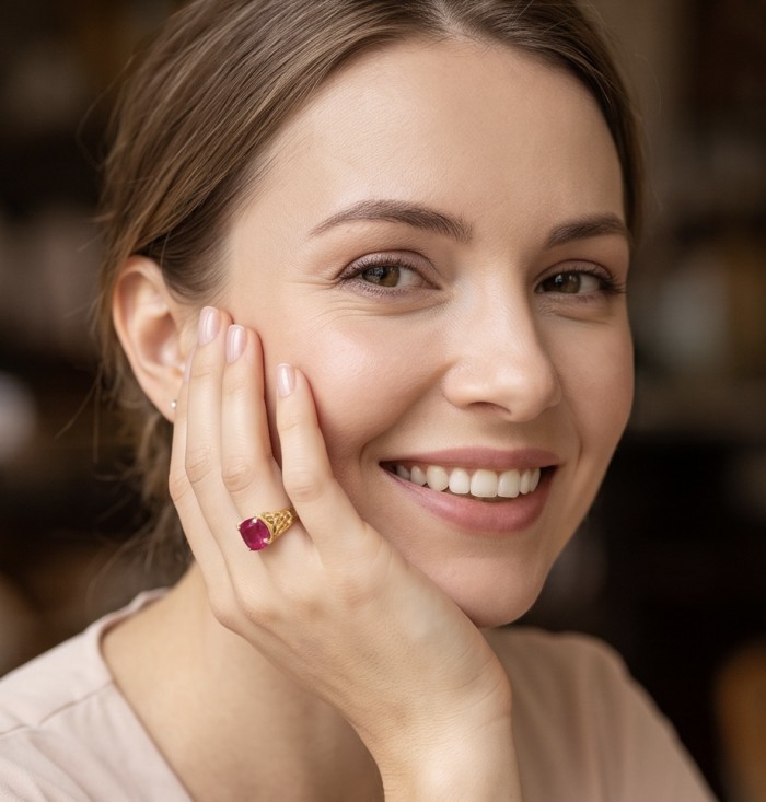 Bella Rosa Genuine 8.5 CARAT Star Ruby 22K Gold over .925 Sterling Silver Statement Ring size 9 - Woman wearing Bella Rosa Ruby ring, front view.