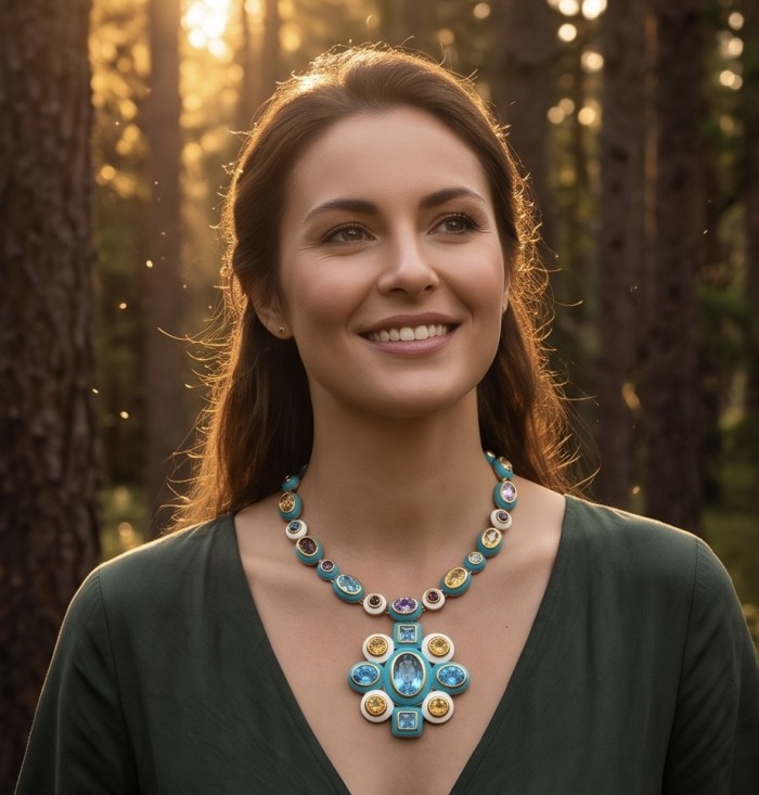 Outstanding - Authentic 31.2 carat Swiss Blue Topaz 18.8 carat Citrine 14.1 carat Amethyst Enamel 22K Gold over .925 Sterling Silver handcrafted Statementbnecklace - Woman wearing necklace with Swiss Blue Topaz in sunlight forest setting.