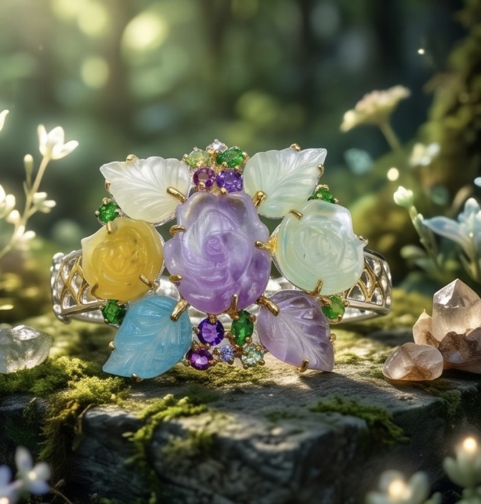 Blooming Garden - Authentic 4.9 carat Brazilian Citrine Amethyst .925 Sterling Silver dipped in rhodium handcrafted Bracelet - Close-up of Blooming Garden ring with colorful gemstone flowers.