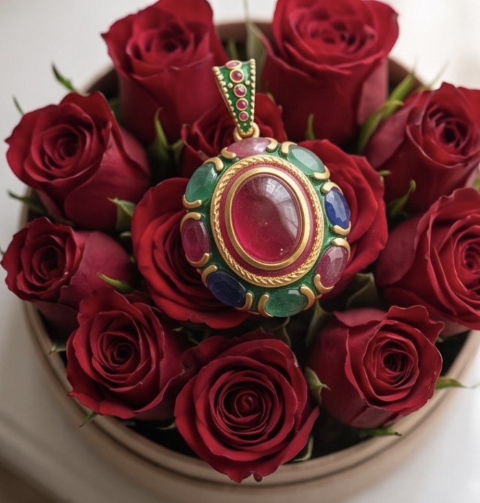 Giovanna 20.5 carat Emerald Ruby Sapphire 22k Gold over .925 Sterling Silver handcrafted Pendant - Giovanna pendant on roses; close-up of central stone and surrounding gems.