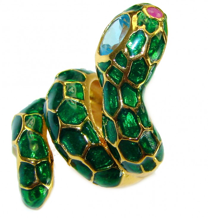 Green Snake Ruby Enamel 18K Gold over .925 Sterling Silver Huge handcrafted Ring s. 5 3/4 - photo 3