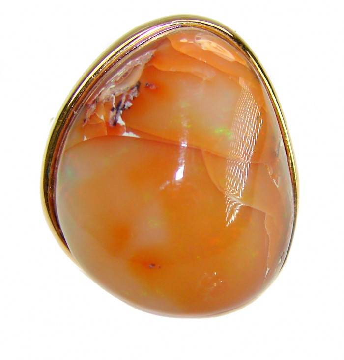 Inner Fire best quality 21.4 carat Mexican Opal 18K Gold over .925 Sterling Silver handmade ring 7 adjustable - Close-up of 21.4 carat Mexican Opal in 18K gold setting