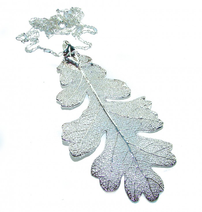 English Oak Leaf - Real Leaf dipped in real .925 Sterling Silver handmade handcrafted Necklace - Sterling silver-dipped English oak leaf pendant, front view.