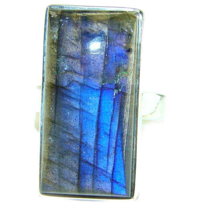 Black Velvet - Shimmering Natural Labradorite .925 Sterling Silver handcrafted Large ring size 8 adjustable - Close-up of rectangular labradorite ring in silver setting.