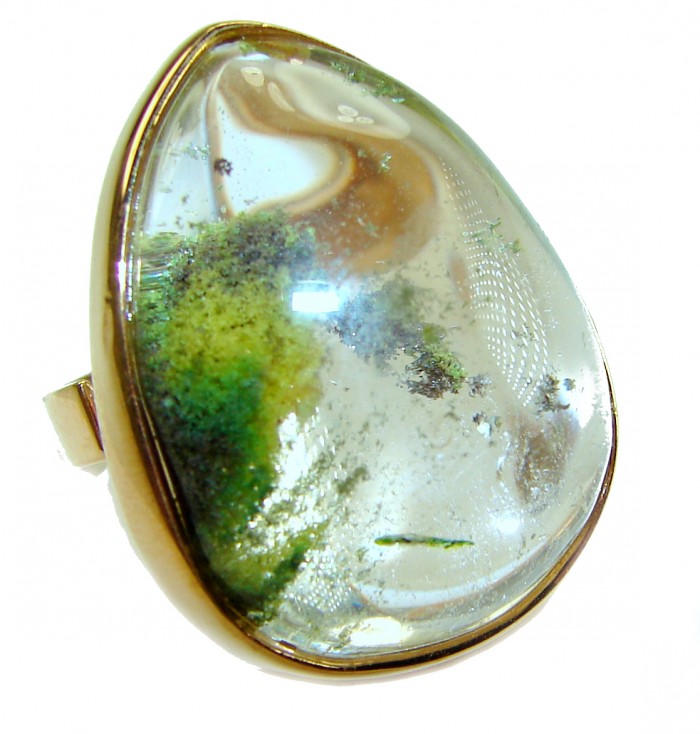 Magic genuine Phantom Quartz 18K Gold over .925 Sterling Silver handmade Cocktail Ring s. 6 adjustable - Close-up of phantom quartz stone set in 18K gold over sterling silver.
