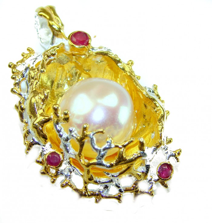 Precious genuine Pearl 14k Gold over .925 Sterling Silver handmade Pendant - Close-up of pearl pendant with gold over sterling silver and rubies.