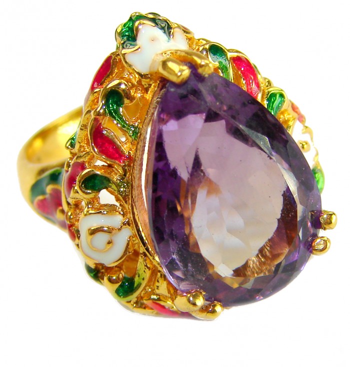 Purple Cascade 14.5 carat Purple Amethyst Enamel 22K Gold over .925 Sterling Silver Handcrafted Ring size 6 - Purple Cascade ring, amethyst close-up, gold and enamel details