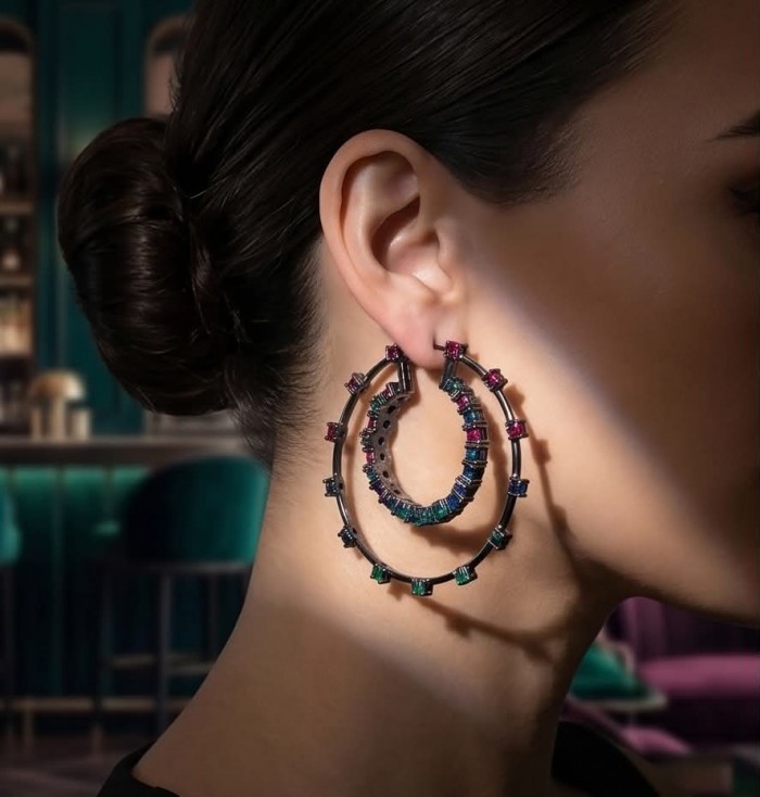 Extravaganza authentic 18.5 carat Pink Tourmaline black rhodium over .925 Sterling Silver Handcrafted Large Hoop Earrings - Side view of elegant hoop earrings with pink tourmaline stones.