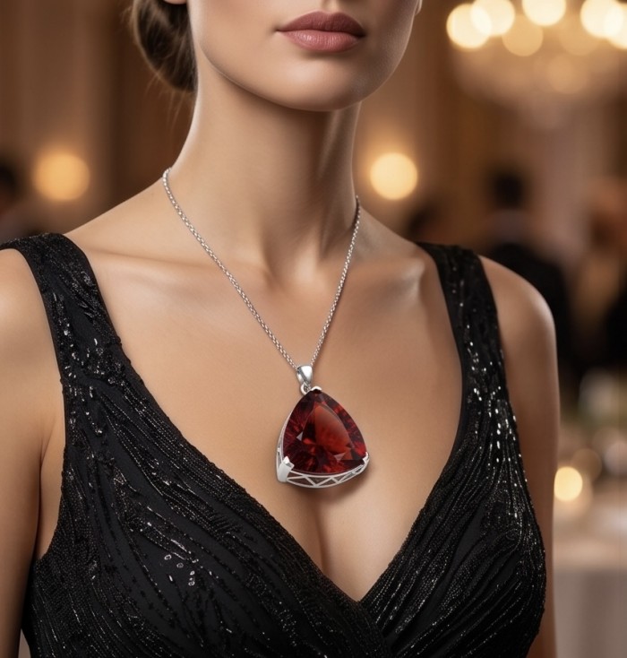 Very Rare! Trillion Cut Perfect 44.5 carat Volcanic Helenite .925 Sterling Silver handcrafted Pendant - Necklace with 44.5 carat garnet pendant worn on model in elegant setting.