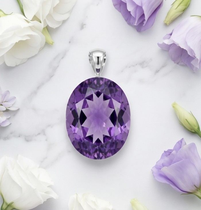 Neon Purple - Mademoiselle - 25.5 carat natural Purple Topaz .925 Sterling Silver dipped in rhodium handcrafted Pendant - Close-up of oval purple topaz pendant amidst white and purple flowers
