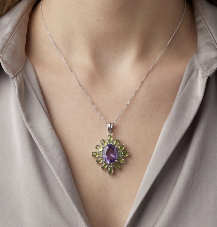 Mademoiselle -12.5 carat natural Amethyst Peridot .925 Sterling Silver dipped in Rhodium handcrafted Pendant - Necklace with amethyst and peridot pendant worn on neck