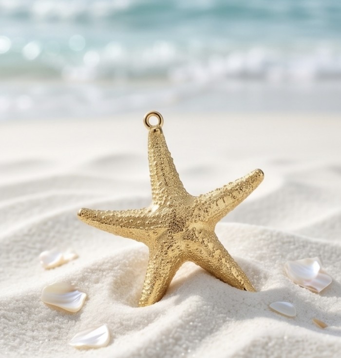 Stylish REAL Starfish Coved with Sterling Silver and 14K & .925 Sterling Silver Pendant - Starfish pendant in sand, close-up with seashells and ocean backdrop.