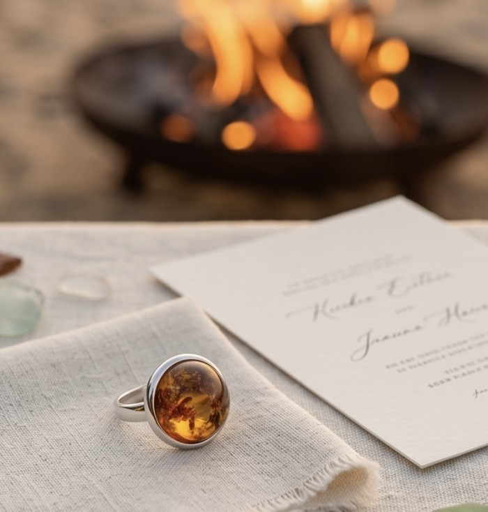 Real Legent Authentic Baltic Amber .925 Sterling Silver handcrafted ring; s. 8 - Baltic amber ring in sterling silver, close-up with a warm fire backdrop.