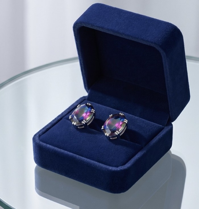 Luxurious authentic 11.2 carat Brazilian Tourmaline .925 Sterling Silver handcrafted earrings - Tourmaline earrings in velvet box, top view.