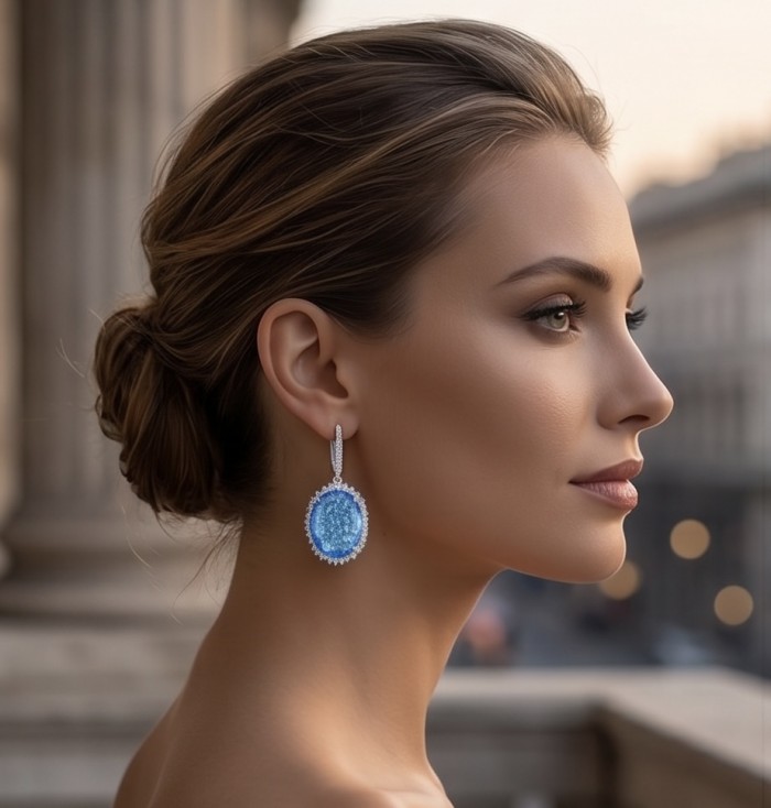 Angelina 14.9 carat authentic Swiss Blue Topaz .925 Sterling Silver Handcrafted Earrings - Side view of woman wearing Angelina Swiss Blue Topaz earring.