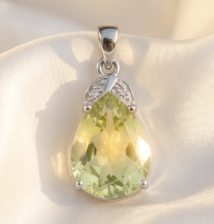 Pear cut 11.3 carat Lemon Quartz rhodium over .925 Sterling Silver handcrafted pendant - Pear cut lemon quartz pendant on fabric, front view.