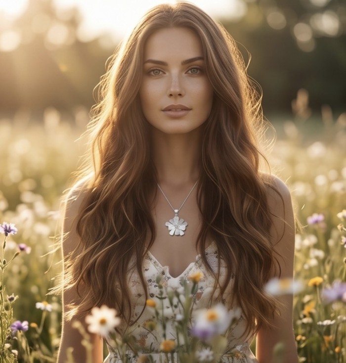 Silver Flower Design .925 Sterling Silver handmade Pendant - Woman wearing Silver Flower .925 Sterling Silver pendant in field.