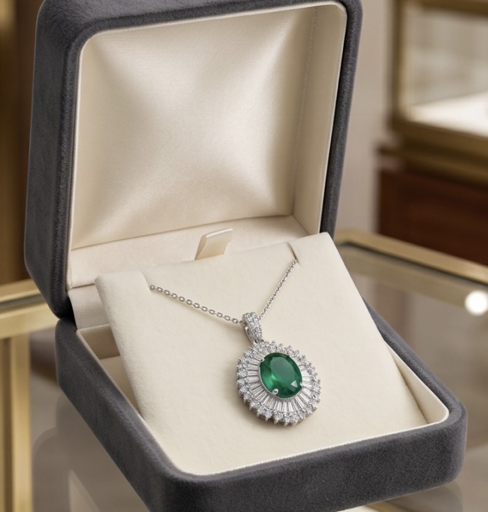 The Green Queen Natural 18.5 carat Emerald Moissanite .925 Sterling Silver handcrafted Necklace - Emerald pendant necklace in open box, showcasing front view.