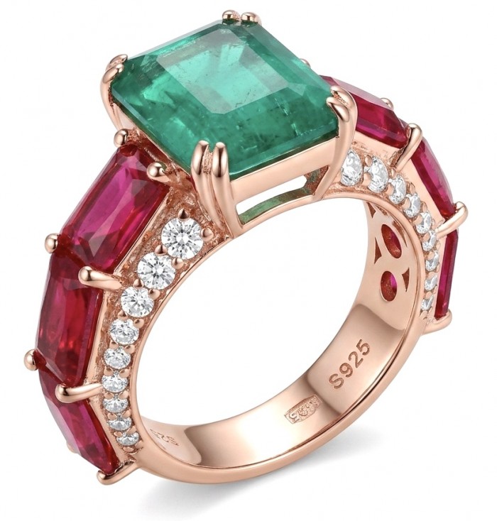 Giovanna 6.7 carat Ruby Emerald .925 Sterling Silver dipped 22K Rose Gold handmade Statement Ring size 6 - Side view of Giovanna ring with ruby, emerald, and sterling silver.