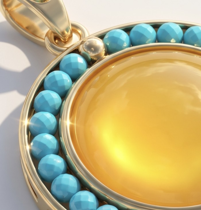 Golden Sun Prehistoric Authentic Butterscotch Baltic Amber .925 Sterling Silver beautifully handcrafted Pendant - Close-up of Golden Sun pendant with amber and turquoise stone details.