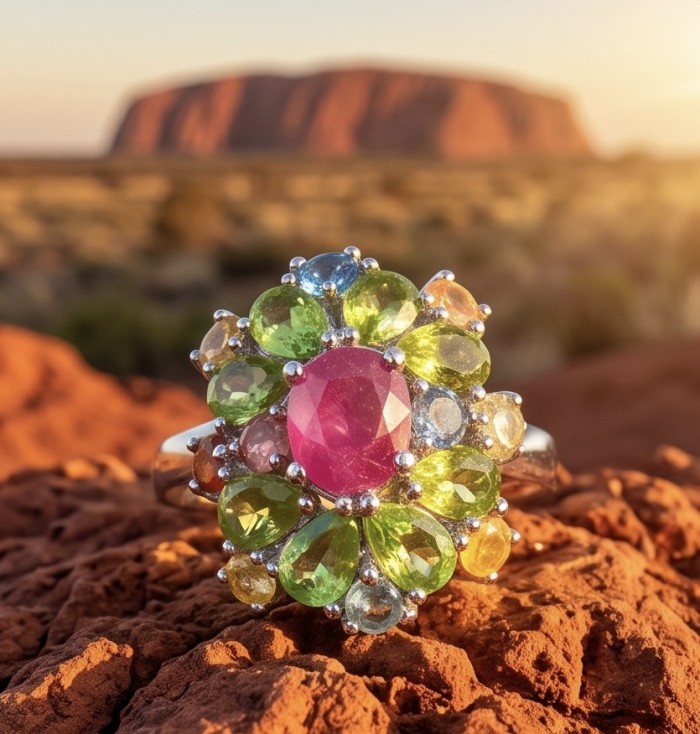 Blooming Garden 6.8 carat Mozambique Ruby 15.5 carat Peridot rhodium over .925 Sterling Silver handmade Statement Ring size 8 adjustable - photo 6