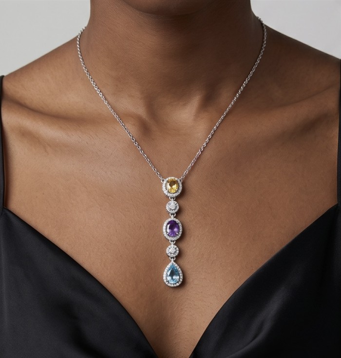 Infinity 8.5 carat Authentic Multigems Rhodium over .925 Sterling Silver handcrafted Statement necklace - Necklace with multigem stones worn on neckline, front view.