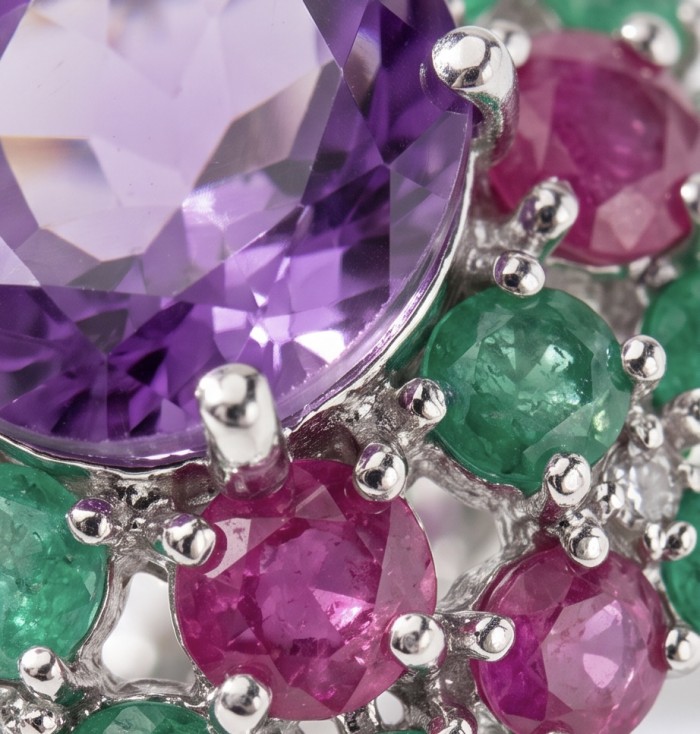 Francesca Genuine 7.7 carat Brazilian Amethyst rhodium over .925 Sterling Silver handcrafted Statement Ring size 9 - Close-up of Francesca Amethyst with emeralds and rubies in rhodium setting.