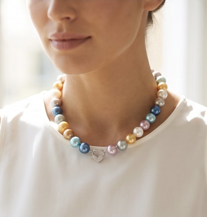 Colors of the Ocean - Outstanding Pearl .925 Sterling Silver handcrafted Statement necklace - Necklace worn, close-up of multicolor pearls and heart clasp detail