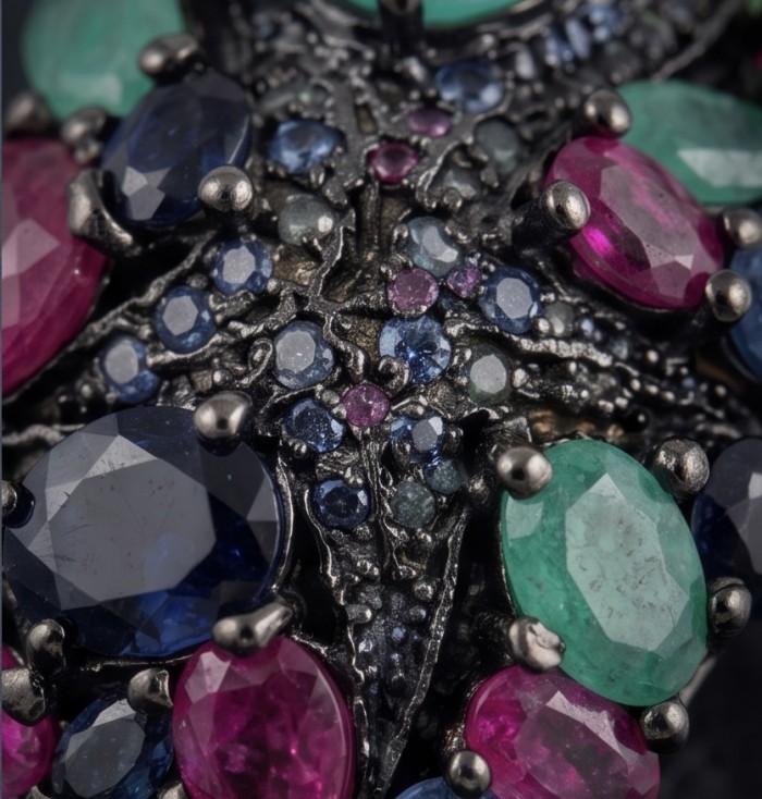Vintage Beauty 10.7 carat Emerald Ruby Sapphire Black Rhodium over .925 Sterling Silver handcrafted pendant - Close-up of Vintage Beauty emerald, ruby, sapphire cluster jewelry.